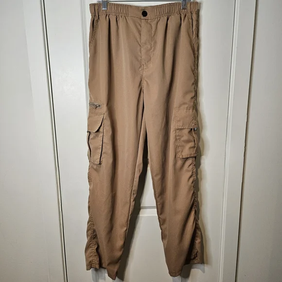 Tan Straight Leg Cargo Pants Elastic Waist Utility Pockets Casual Streetwear 31 - Picture 3 of 13